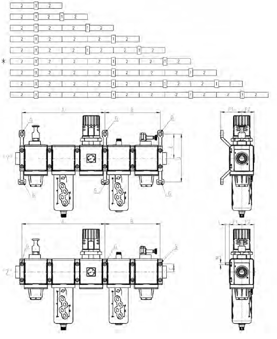 MX 系列气源处理装置件壁式安装配置图和安装尺寸