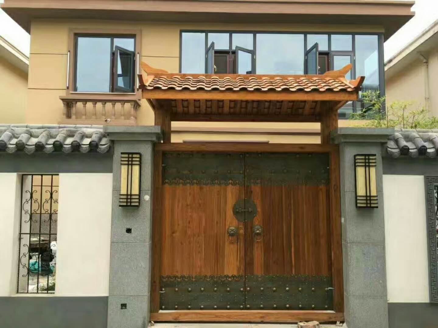 仿古老榆木庭院大门酒店茶楼别墅实木大门定做