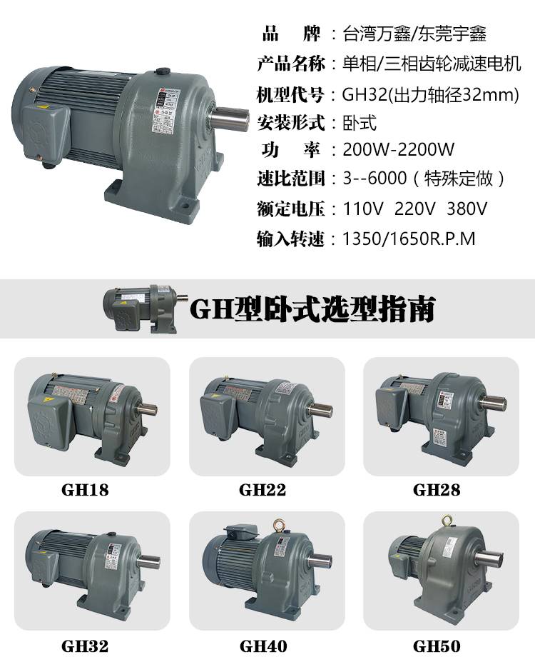 厂家直销减速电机GH32-200-300A万鑫单相卧式32轴减速马达