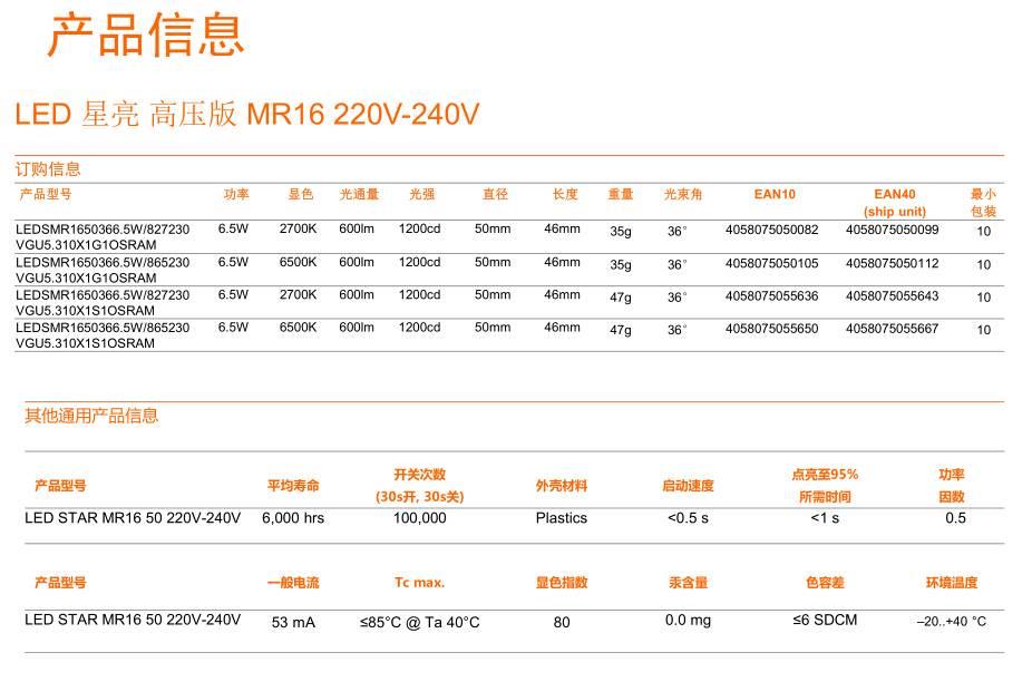 歐司朗新款LED燈杯6.5W MR16配用專用 GU5.3燈座直接220V市電