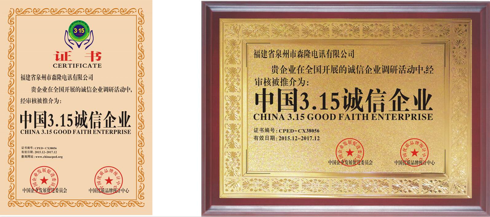 中国3.15诚信企业证书