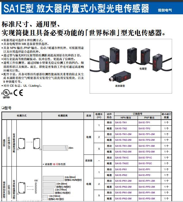标准尺寸的IDEC小型光电传感器SA1E-TN1