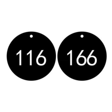 塑料号码吊牌-圆形,Φ31.8mm,黑底白字,号码从101到200,100个/包，14848