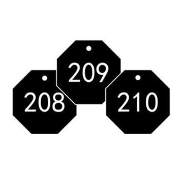 塑料号码吊牌-八边形,Φ31.8mm,黑底白字,号码从201到300,100个/包，14873