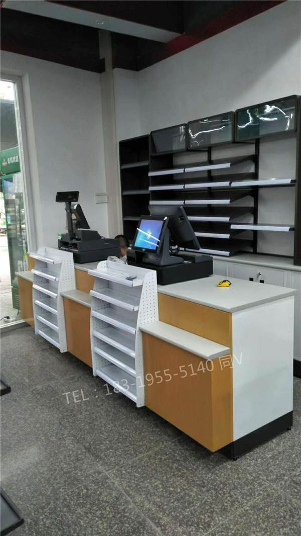 广东梅州烤漆玻璃眼镜店柜子/免漆板立式铁架铁木结合