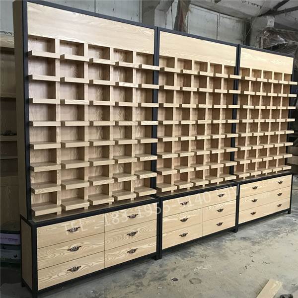 广东梅州烤漆玻璃眼镜店柜子/免漆板立式铁架铁木结合