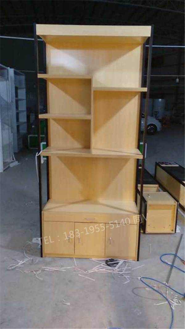 广东梅州烤漆玻璃眼镜店柜子/免漆板立式铁架铁木结合