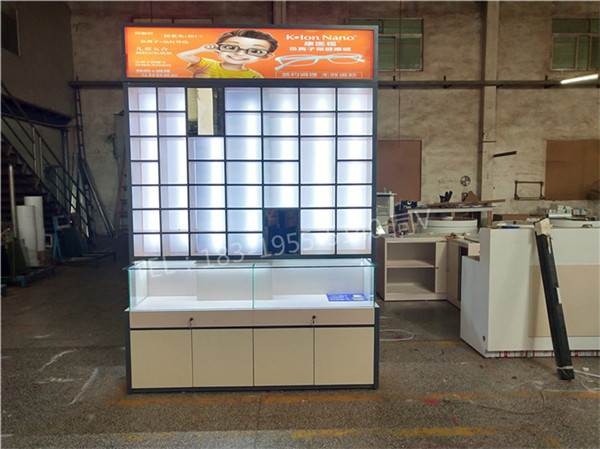 广东梅州烤漆玻璃眼镜店柜子/免漆板立式铁架铁木结合