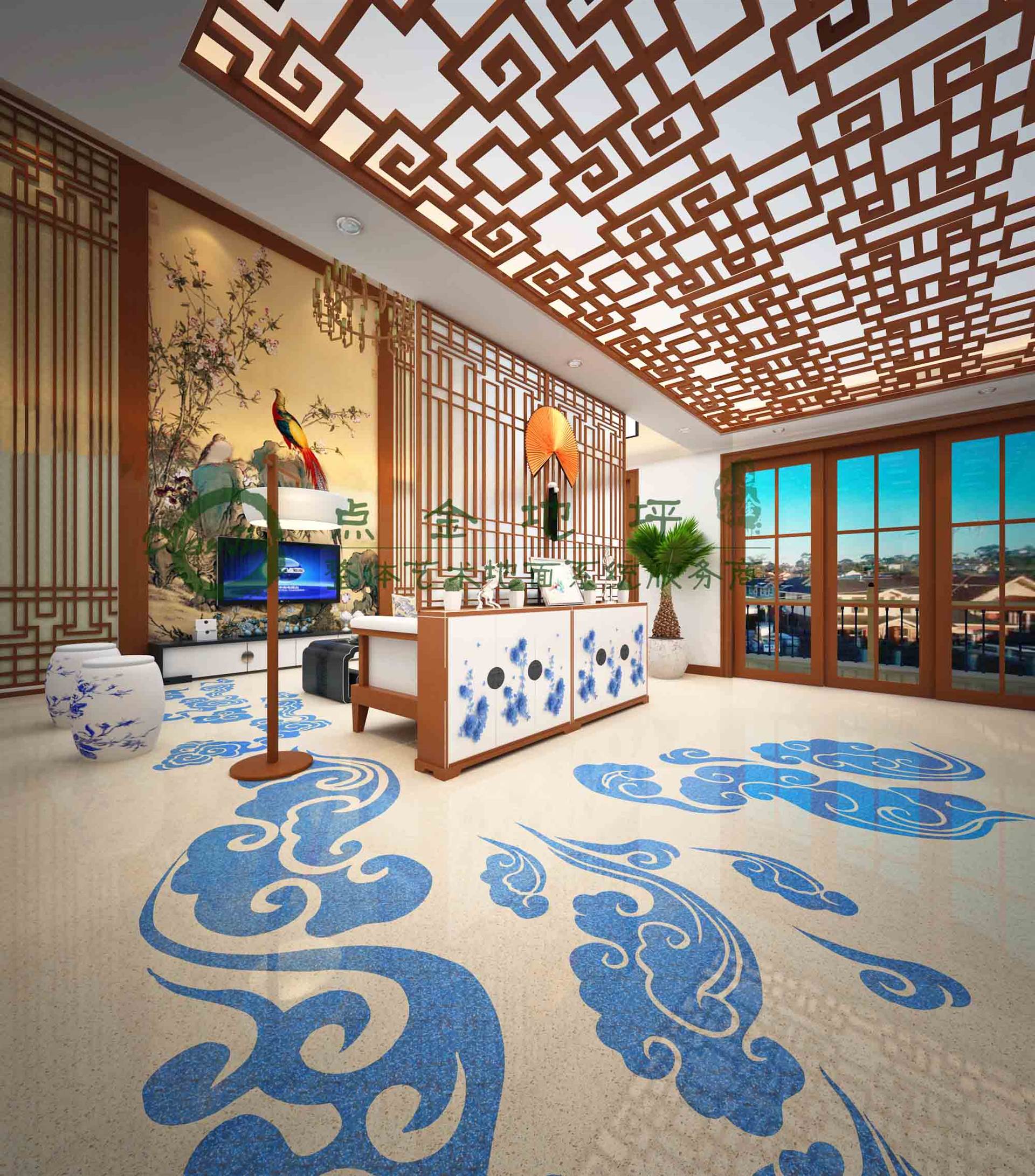 别墅新中式  环氧基地坪镶嵌祥云图案