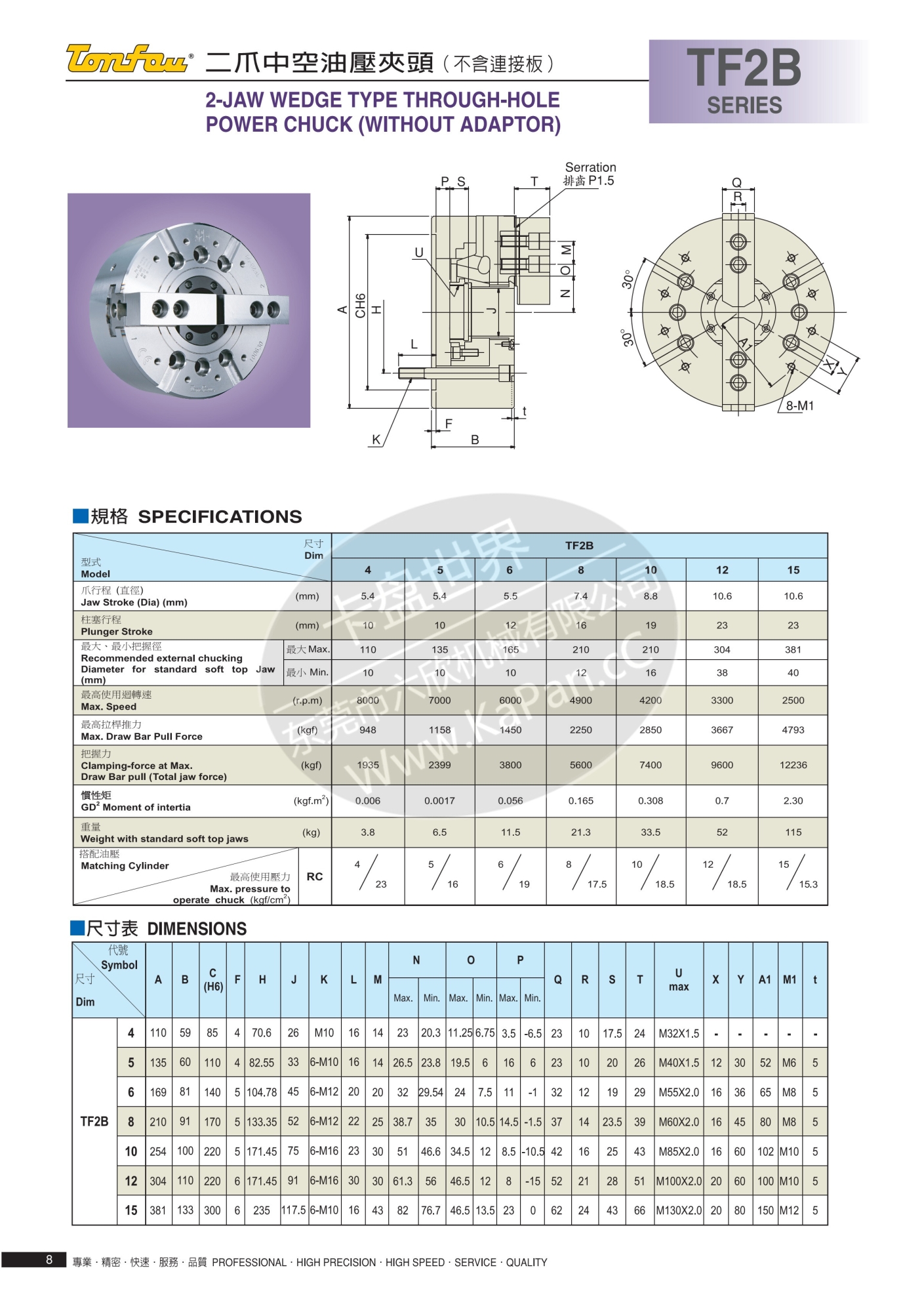 台湾通福6寸二爪中空液压卡盘tf2b-6