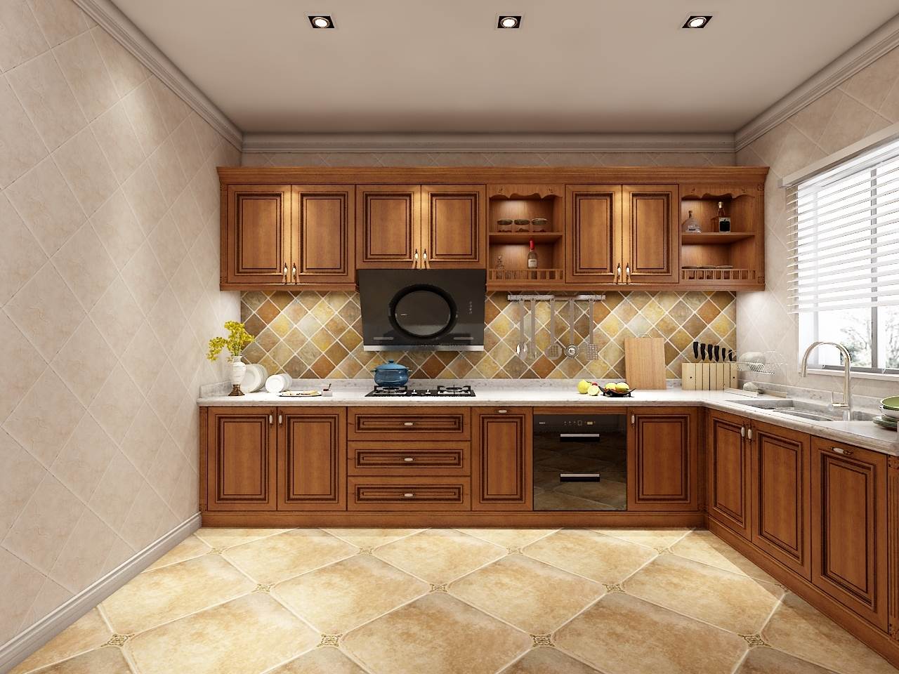 整体红橡木橱柜木纹l型橱柜石英石台面定做