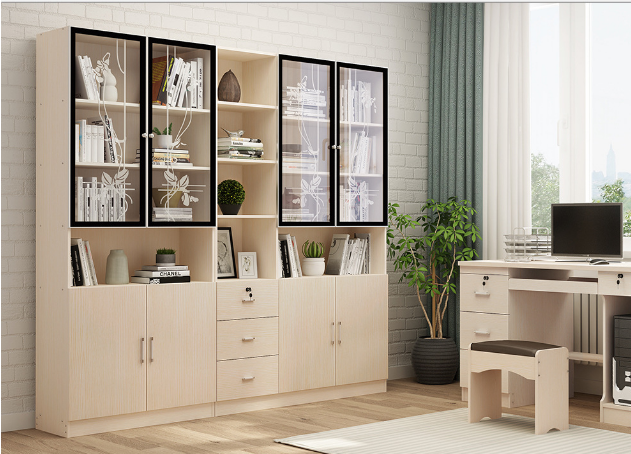 厂家供应简约现代书柜书架组合 玻璃收纳储物柜 三门书柜